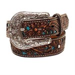 Ariat Kids' Brown Floral Embossed Belt with Turquoise Inlay & Rhinestones - 20