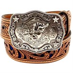Nocona Kids' Brown Western Belt with Blue Inlay Scroll and Buckle - 22