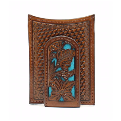 M&F Western Products Brown Embossed with Turquoise Inlay Money Clip and Wallet