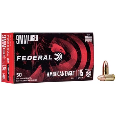 Federal 9mm Luger 115 Grain FMJ Handgun Ammunition, 50 Rounds