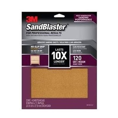 3M 120 Grit Sandpaper with No-Slip Grip, 11-Inch x 9-Inch