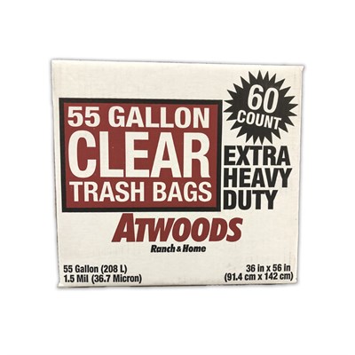 Atwoods Trash Bags, Clear, 55 gallon, 60 count