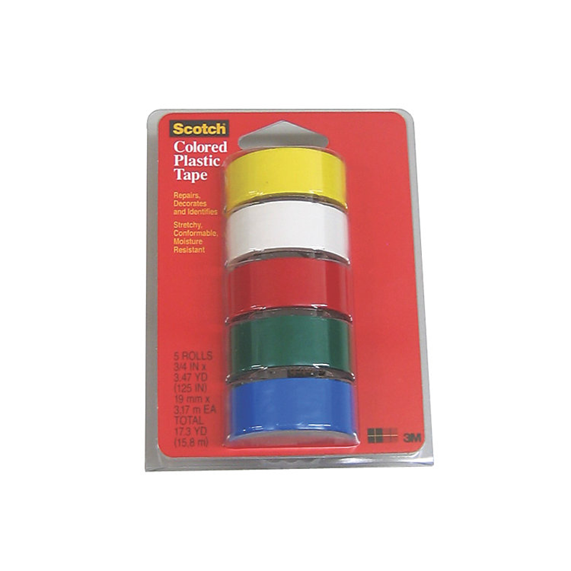 3M Scotch Colored Plastic Tape, 3/4 in x 125 in, 5 pack