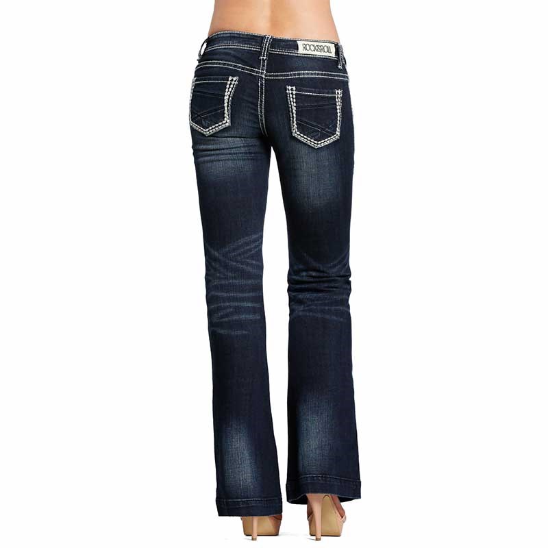 Rock & Roll Cowgirl Women's Dark Vintage Wash Low Rise Trouser Jeans - 25, 32,