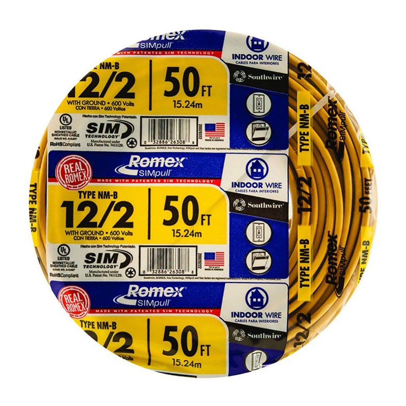 Southwire 28828222 50-ft 12/2 with ground Romex brand SIMpull residential indoor electrical wire type NM-B, Yellow