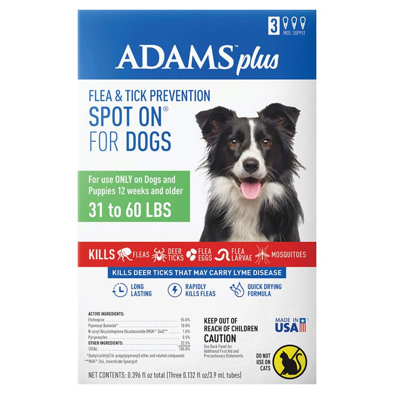 Adams Plus Flea and Tick Spot On for Dogs, Large Dogs 31-60 Pounds, 3 Month Supply, With Applicator