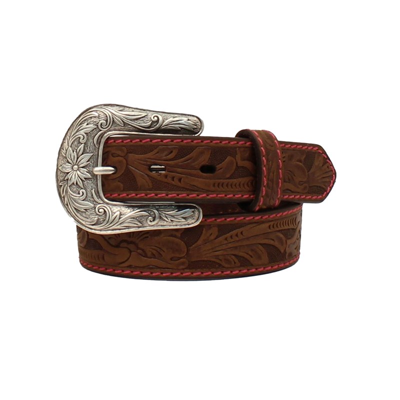 Red River Kid's Embossed Pink Stitched Belt and Buckle- Brown, 26 in.