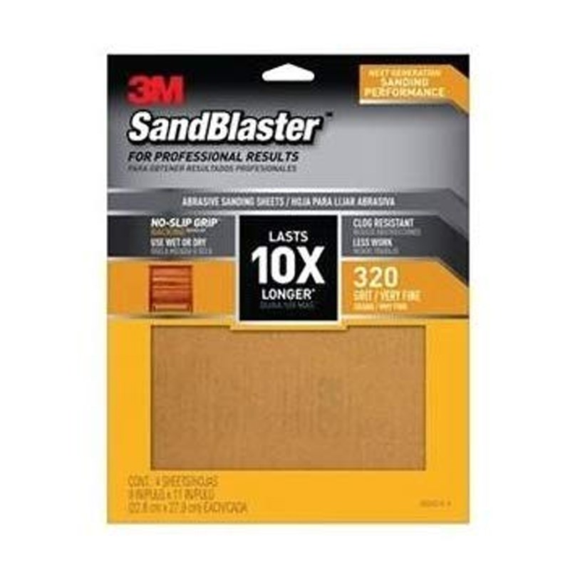 3M 320 Grit Sandpaper with No-Slip Grip, 11-Inch x 9-Inch