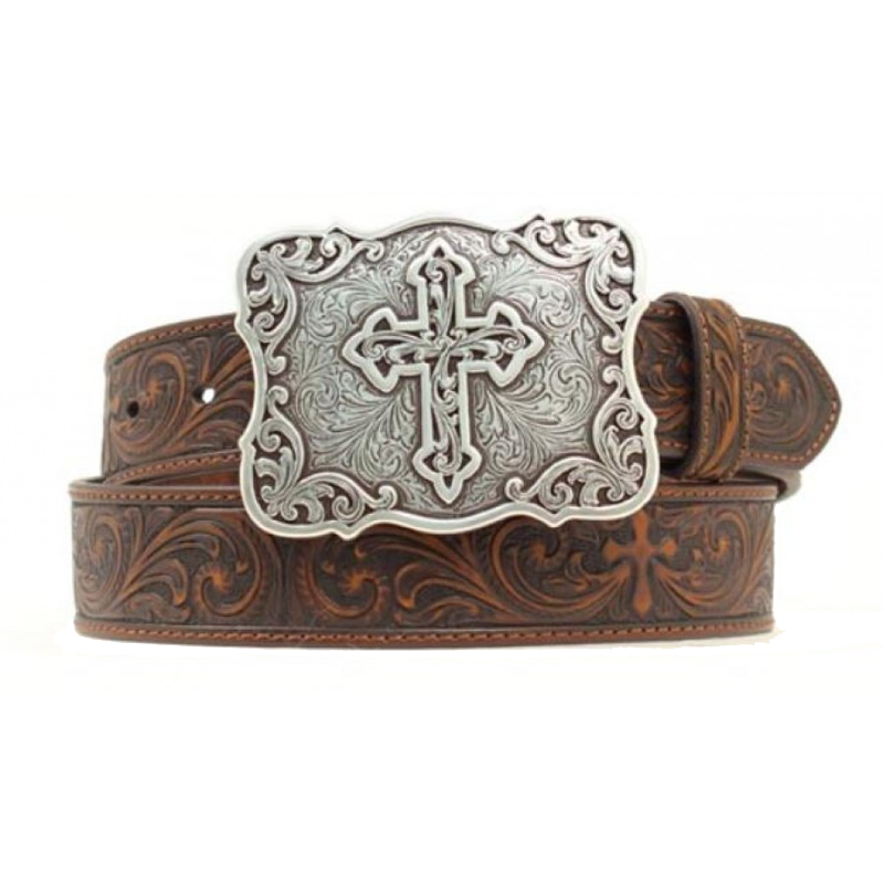 Nacona Embroidered Cross Brown Tooled Belt - 30