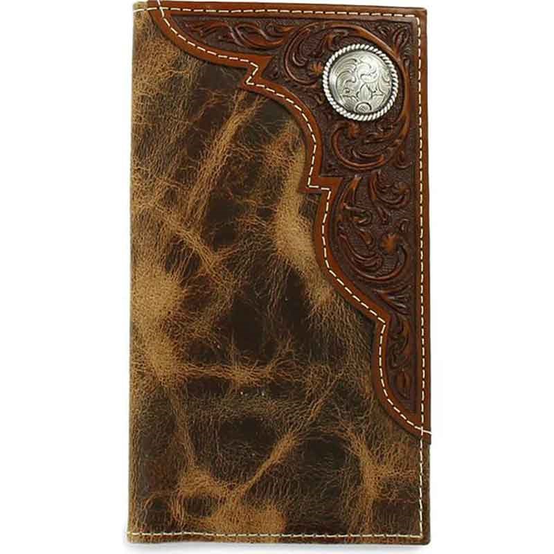 Ariat Distressed Brown with Corner Tooled Overlay and Circle Concho Rodeo Wallet
