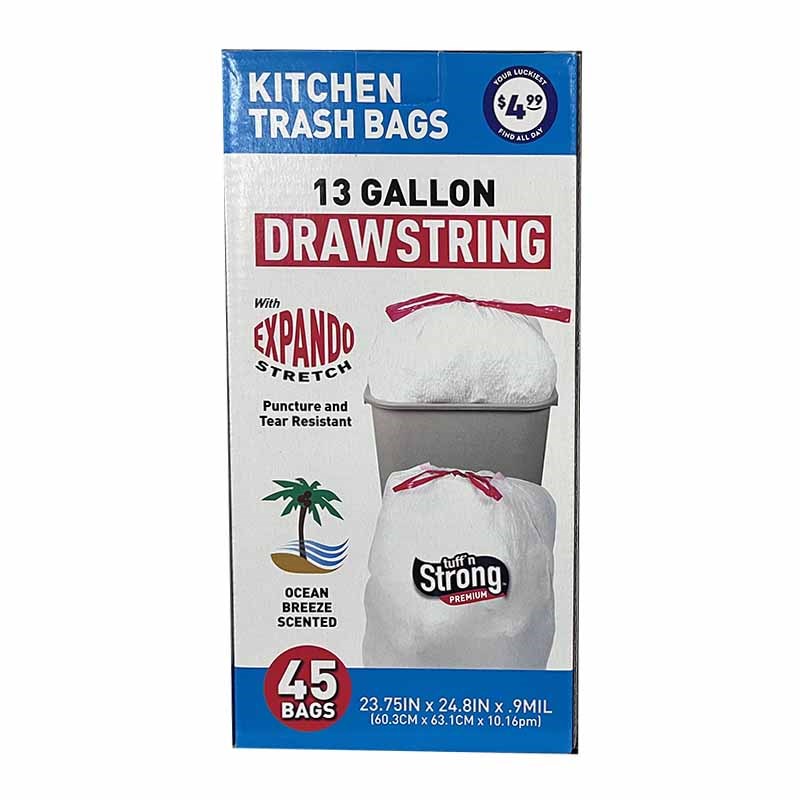 13 Gallon Draw String Trash Bags - Ocean Breeze Scented, 45 Count