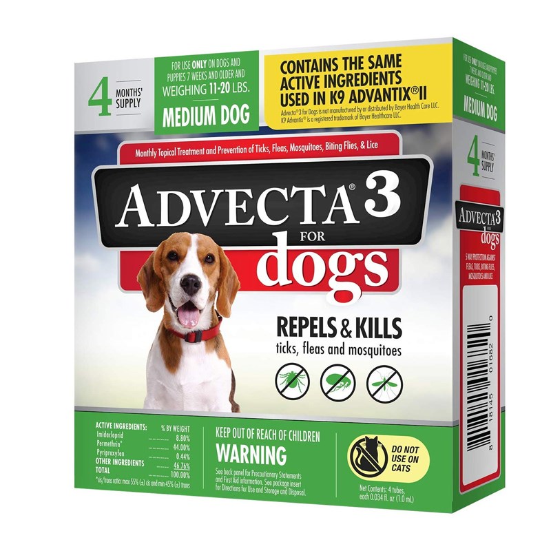 Advecta 3 Flea & Tick Topical Treatment, Flea & Tick Control for Dogs, 4 Month Supply, Medium Dog