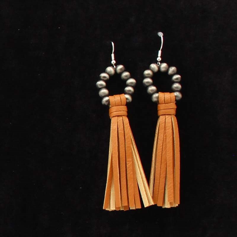 Bead with Leather Tassle Earrings