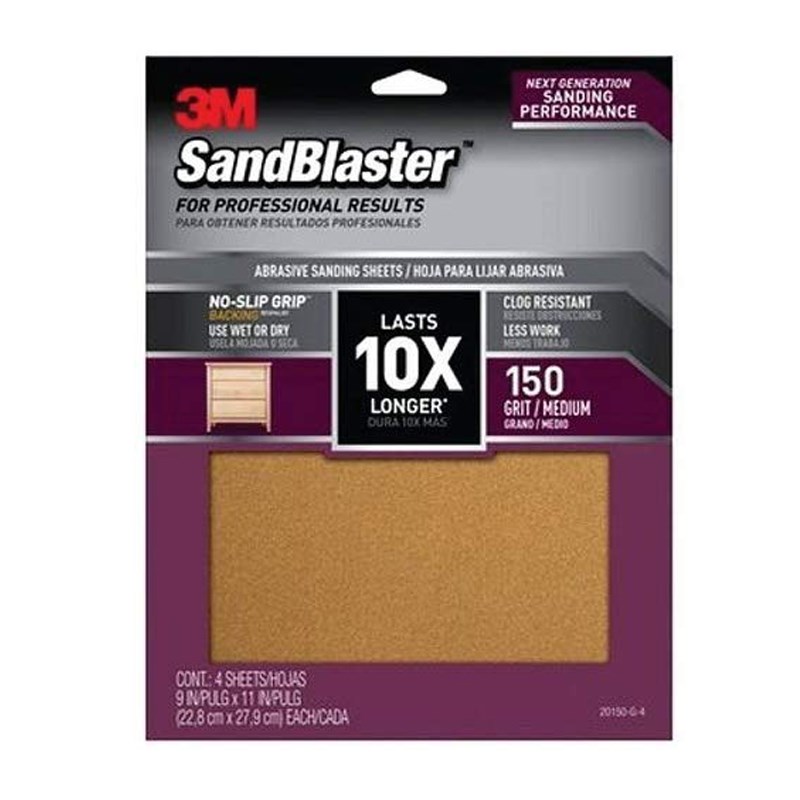 3M 150 Grit Sandpaper with No-Slip Grip, 11-Inch x 9-Inch